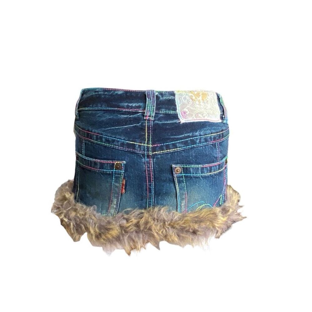 y2k fur-trim denim micro mini skirt